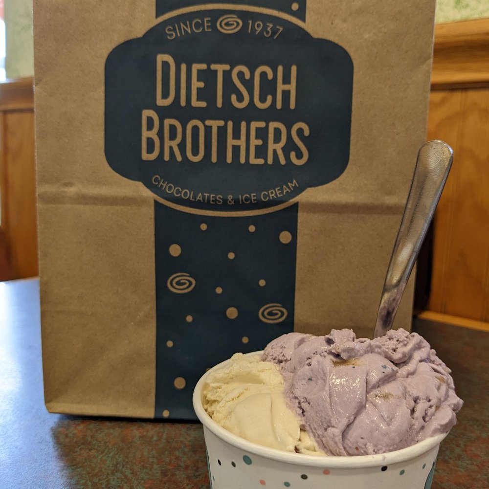 Blueberry pie and butter pecan ice cream backed by a bag of delicious goodies Blueberry pie and butter pecan ice cream backed by a bag of delicious goodies