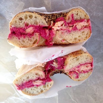 Bagelsaurus - Everything bagel with beet hummus and smoked salmon - Bagels Near Me - Cambridge, Massachusetts