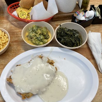 Fish Pond Restaurant - My Monday special fried steak with spinach & Brussels sprouts. - Seafood Near Me - Willis, Texas Fish Pond Restaurant - My Monday special fried steak with spinach & Brussels sprouts. - Seafood Near Me - Willis, Texas
