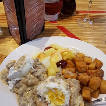 Triangle Char & Bar - The Two Fingers - 2 chicken tenders on a biscuit smothered in sausage hravy and topped with 2 poached eggs. SO. FREAKING. DELICIOUS. - New American Near Me - Charleston, South Carolina