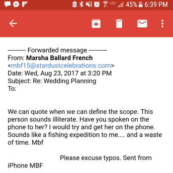 Stardust Celebrations - Recent correspondence from Ms. French with Stardust Celebrations - Bridal Near Me - Dallas, Texas Stardust Celebrations - Recent correspondence from Ms. French with Stardust Celebrations - Bridal Near Me - Dallas, Texas