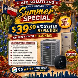 Alamo Air Solutions - FALL HVAC SPECIAL - LIMITED TIME! A/C System Inspection - ONLY $39.99 Get your system ready before the Texas heat hits! Full H
