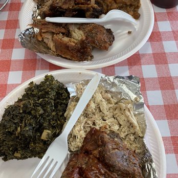 Dawg Gone Good BBQ - Combo plate: ribs, pulled chicken/pork, yams and spinach - Barbeque Near Me - Athens, Georgia Dawg Gone Good BBQ - Combo plate: ribs, pulled chicken/pork, yams and spinach - Barbeque Near Me - Athens, Georgia