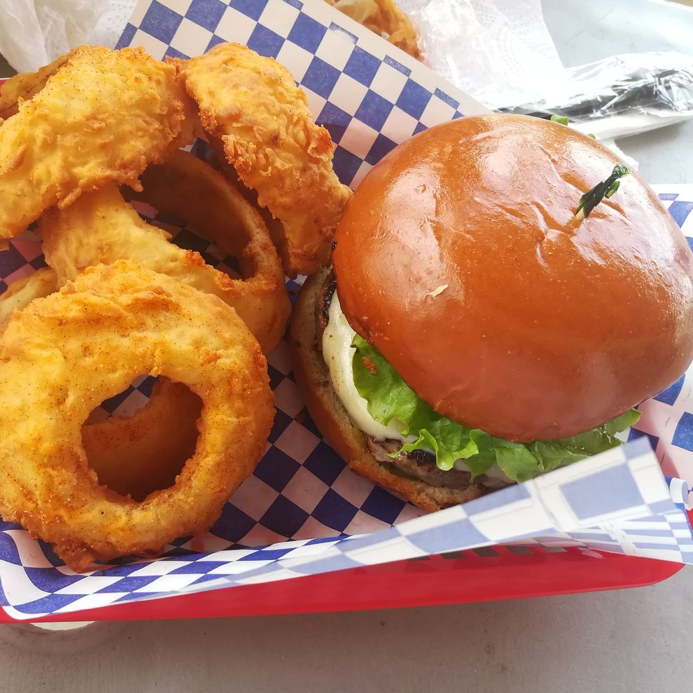 Comfort Kitchen To Go - Swiss and shroom burger with onion rings - Desserts Near Me - Brock, Texas Comfort Kitchen To Go - Swiss and shroom burger with onion rings - Desserts Near Me - Brock, Texas