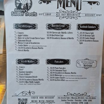 Manny's Sweet Treats - Menu again... There's a few pages - Waffles Near Me - Mineola, New York Manny's Sweet Treats - Menu again... There's a few pages - Waffles Near Me - Mineola, New York
