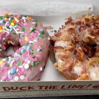Duck Donuts - Fresh and WARM right in the box! Strawberry Easter Confetti (Seasonal flavor) and Bacon in the Sun (Maple Bacon "Fan Favorite" flavor) - Donuts Near Me - Nags Head, North Carolina