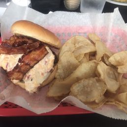 Pimento Cheese Burger with Floppy Chips. Pimento Cheese Burger with Floppy Chips.