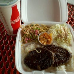 Leeward Drive Inn - BBQ Hamburger Steak. Includes the famous fried noodles, salads, and Kim Chee.