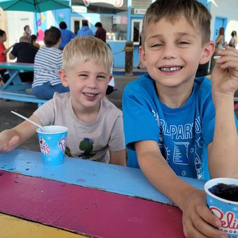 Pelican's Snoballs - My boys enjoying their shark attack's! - Shaved Ice Near Me - Clovis, California Pelican's Snoballs - My boys enjoying their shark attack's! - Shaved Ice Near Me - Clovis, California