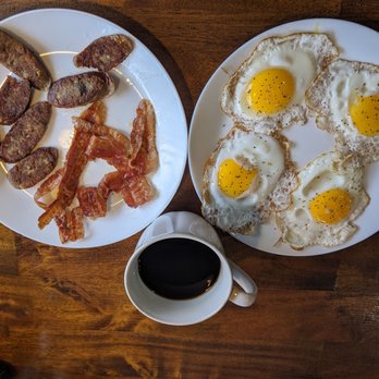 Tuscany Cafe - La Colombe coffee, 4 eggs(sunny), sausage and scrawny bacon - Cafes Near Me - Havertown, Pennsylvania