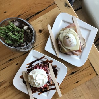 Craque de Creme - Strawberry and creaM waffle , and Craque madame - Black Forest ham, cheese and sousvide egg. Both on liege waffles - Desserts Near Me - Toronto, Ontario Craque de Creme - Strawberry and creaM waffle , and Craque madame - Black Forest ham, cheese and sousvide egg. Both on liege waffles - Desserts Near Me - Toronto, Ontario