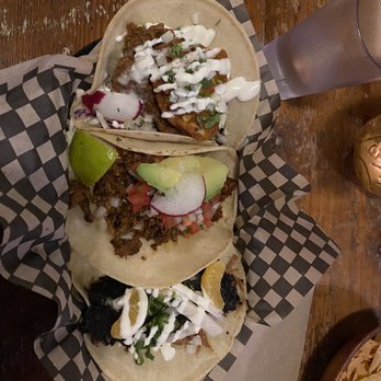 Tacovore - (From left to right) Pescado taco, pork chorizo, Carnitas) - Mexican Near Me - Eugene, Oregon