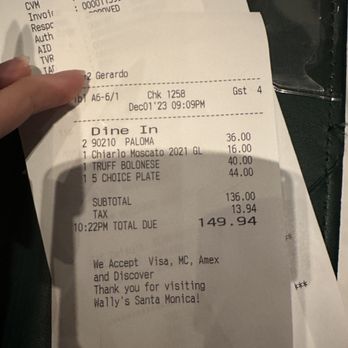 Wally's - a receipt for a restaurant - Beer, Wine & Spirits Near Me - Culver City, California