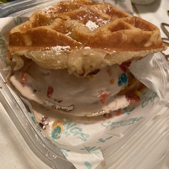 Cravings Ice Cream - Waffle Sandwich with Nutella Single Scoop Ice Cream lechera drizzle and fruity pebbles topping - Ice Cream & Frozen Yogurt Near Me - Bellflower, California Cravings Ice Cream - Waffle Sandwich with Nutella Single Scoop Ice Cream lechera drizzle and fruity pebbles topping - Ice Cream & Frozen Yogurt Near Me - Bellflower, California