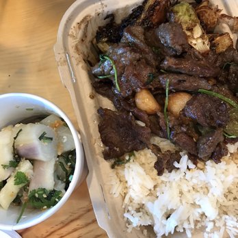 Blurr Kitchen - Combo meat plate with garlic beef, roasted Brussels sprouts, rice, and an extra side order of eggplant. Great portions for the price! - Asian Fusion Near Me - Santa Clara, California