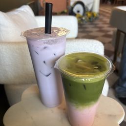 Taro milk tea and strawberry matcha