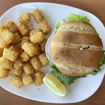 Bunk House Restaurant - Blackened salmon sandwich with tots - American Near Me - Nehalem, Oregon Bunk House Restaurant - Blackened salmon sandwich with tots - American Near Me - Nehalem, Oregon