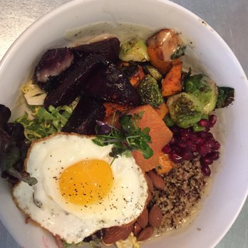 Wild Root - Power Bowl-roasted beets, Brussel sprouts, sweet potatoes, quinoa, almonds & greens in tangy vinaigrette..with side of fried egg. - Breakfast & Brunch Near Me - Boise, Idaho