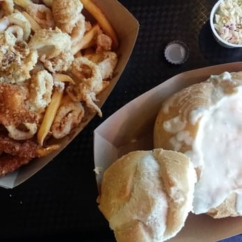 Neptune's Net - Left: Calamari and Shrimp with fries. Right: Clam Chowder with sourdough bowl. - Seafood Near Me - Malibu, California