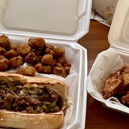 Philly Cheese Steak, fried Okra, Honey Garlic Wings