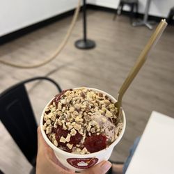 Cookies & Cream and Old Fashion Vanilla (Small) with almonds and strawberry sauce