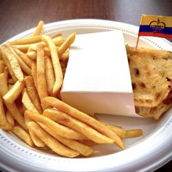 Colombia Para Todos - Beef and ham stuffed Arepa with fries