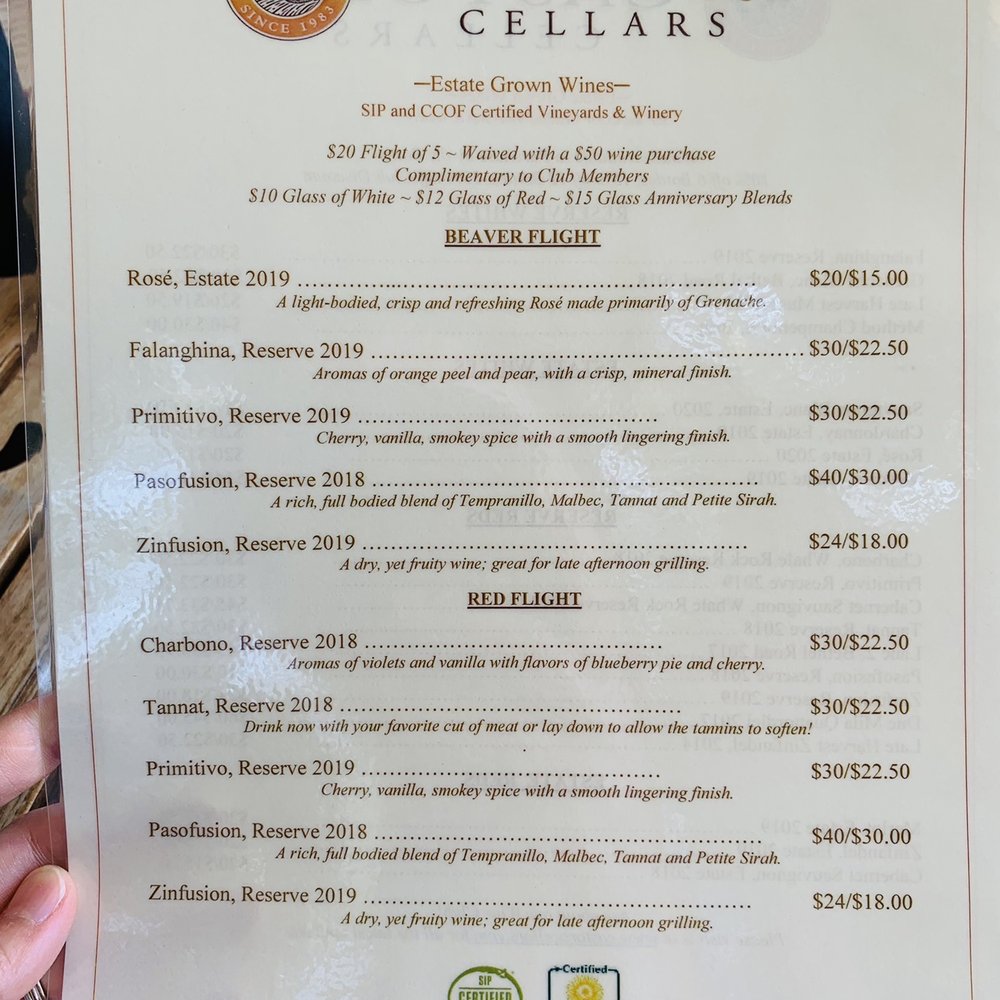 Castoro Cellars - Tasting menu 8/2021 - Wineries Near Me - Templeton, California