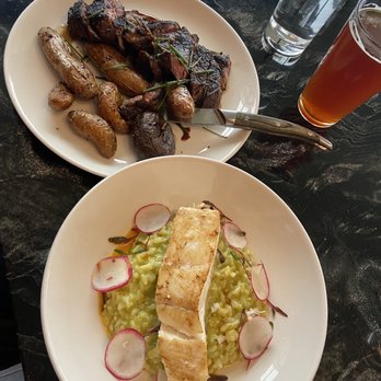 Copper and Salt Northwest Kitchen - Halibut with risotto and the ribeye with fingerling potatoes. - Breakfast & Brunch Near Me - Ruston, Washington