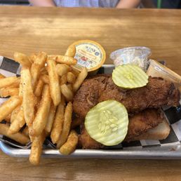 3 piece chicken tenders meal (mild) with fries, coleslaw, honey mustard, and Rooster sauce
