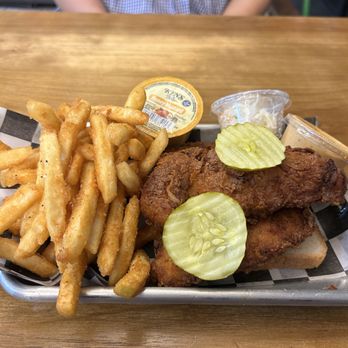 Rooster's - 3 piece chicken tenders meal (mild) with fries, coleslaw, honey mustard, and Rooster sauce - Chicken Shop Near Me - Montclair, New Jersey