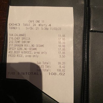 Cafe One 11 - Our bill showing the three dollars and 50 Cent up charge for fried rice... Absolutely ridiculous plus it'll show the prices for the sushi - Sushi Bars Near Me - Johnson City, Tennessee