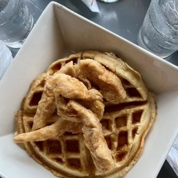 chicken and waffles - not worth price. tasted like a frozen waffle warmed up with tyson frozen chicken strips. chicken and waffles - not worth price. tasted like a frozen waffle warmed up with tyson frozen chicken strips.