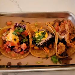 Jerk shrimp, seared tuna, carne asada tacos