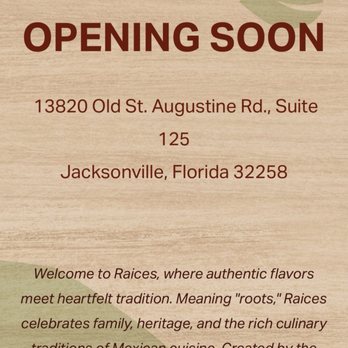 Raices - *:。゚ (・‿・)PENING S(・‿・)(*‿*) N at the former Tijuana Flats next to Jersey Mike's and Duck Donuts @ Bartram Park. *:。゚ - Mexican Near Me - Jacksonville, Florida Raices - *:。゚ (・‿・)PENING S(・‿・)(*‿*) N at the former Tijuana Flats next to Jersey Mike's and Duck Donuts @ Bartram Park. *:。゚ - Mexican Near Me - Jacksonville, Florida