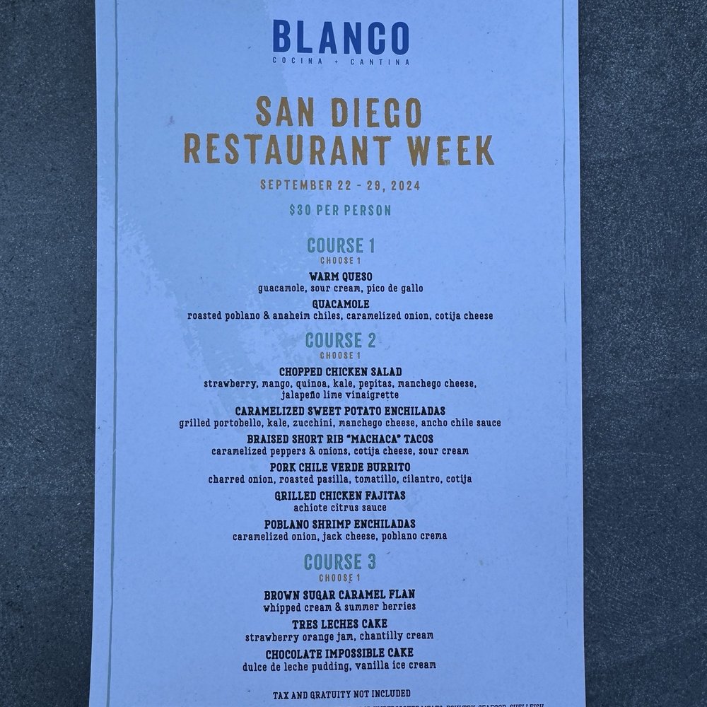 Blanco Cocina + Cantina - Restaurant Week 2024 Menu - Tacos Near Me - San Diego, California