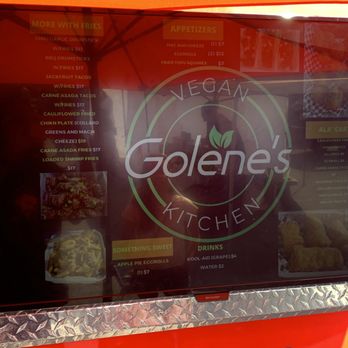 Golene's Vegan Kitchen - Digital menu board at Golene's Vegan Kitchen food truck - Vegan Near Me Golene's Vegan Kitchen - Digital menu board at Golene's Vegan Kitchen food truck - Vegan Near Me
