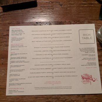 Rich Table - Menu - New American Near Me - San Francisco, California