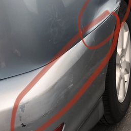 They repaired this dent in the passenger rear quarter panel and scuffed/scratched bumper so well that it looks brand new! Very pleased. They repaired this dent in the passenger rear quarter panel and scuffed/scratched bumper so well that it looks brand new! Very pleased.