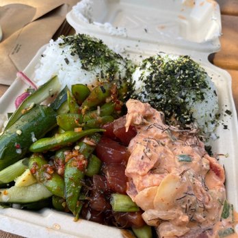 Jus' Poke - Large Poke Bowl - Hawaiian Chili Peppah & Spicy poke with spicy edamame & cucumbers - Hawaiian Near Me - Redondo Beach, California Jus' Poke - Large Poke Bowl - Hawaiian Chili Peppah & Spicy poke with spicy edamame & cucumbers - Hawaiian Near Me - Redondo Beach, California