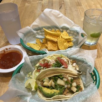 Soup And Taco Etc - One carnitas and one shrimp taco, complimentary chips and salsa. - Mexican Near Me - Fredericksburg, Virginia