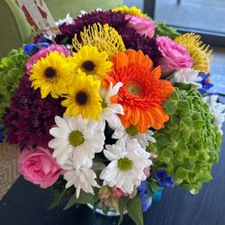 Petal Heaven - Designers choice short tight floral bright multi-colored arrangement of fresh flowers