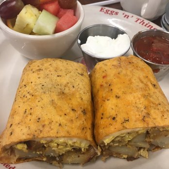 Eggs N Things - Breakfast burrito with fruit on the side - Breakfast & Brunch Near Me - Thousand Oaks, California Eggs N Things - Breakfast burrito with fruit on the side - Breakfast & Brunch Near Me - Thousand Oaks, California