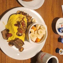 a plate of food and a cup of coffee