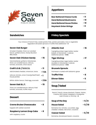 Menu photo 1 Seven Oak Public House Palmyra, WI Menu photo 1 Seven Oak Public House Palmyra, WI