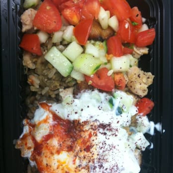 Cafe Elena - Mujadarrah plate, Lentils and brown rice, roasted chicken, tabbouleh salad and homemade yogurt w/spices - Greek Near Me - San Francisco, California