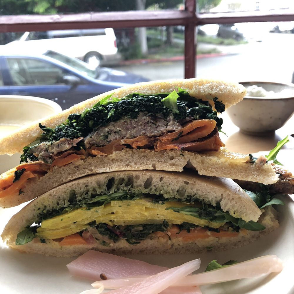 Standard Fare - Sweet potato sausage sandwich and beet, hummus, sorrel pesto sandwich - Coffee & Tea Near Me - Berkeley, California Standard Fare - Sweet potato sausage sandwich and beet, hummus, sorrel pesto sandwich - Coffee & Tea Near Me - Berkeley, California