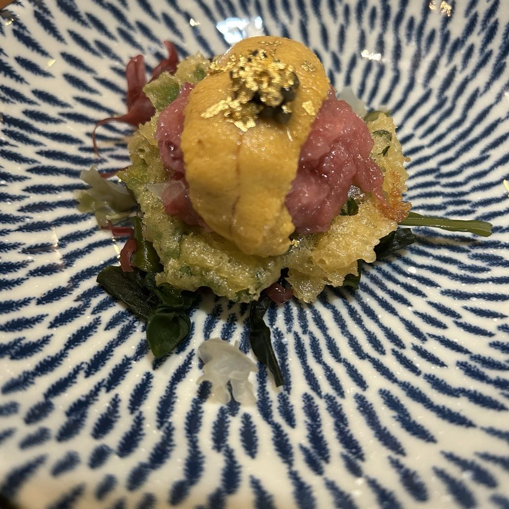 Fried shiso, caviar, tuna, uni, truffle oil Fried shiso, caviar, tuna, uni, truffle oil