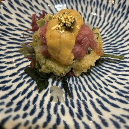 Fried shiso, caviar, tuna, uni, truffle oil Fried shiso, caviar, tuna, uni, truffle oil