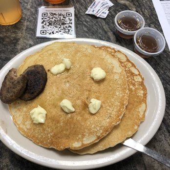 Blue Bonnet Cafe - Hot cakes and sausage patty - Desserts Near Me - Marble Falls, Texas