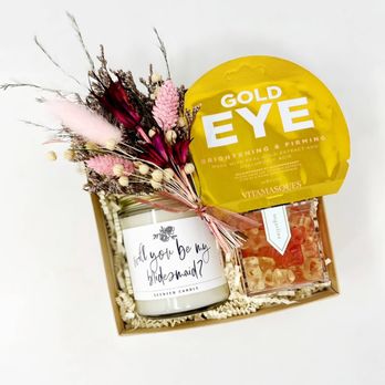 Bon Vivant Gift Boxes - 'Will You Be My Bridesmaid' gift box - comes with candle, champagne gummy bears, gold eye mask and dried floral bundle. - Gift Shops Near Me - McKinney, Texas